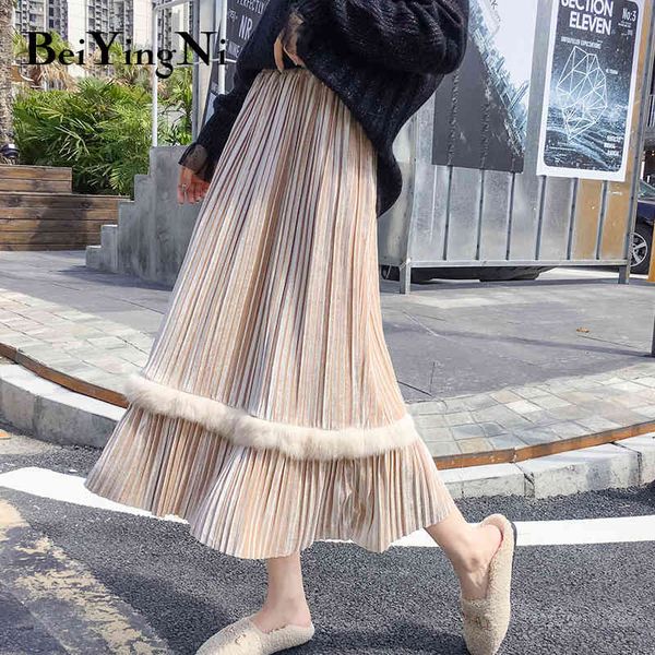 

beiyingni autumn winter thick warm woman skirts patchwork retro maxi casual harajuku pleated skirt women jupe femme faldas 210416, Black