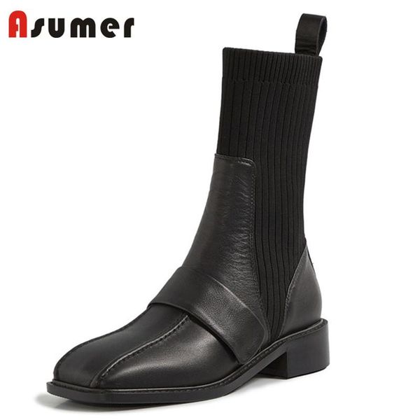 

boots asumer 2021 big size 43 ankle women shoes genuine leather autumn winter low heels fashion stretch, Black