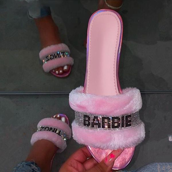 

slippers fashion women furry fur slides home color flip flops fluffy plush house shoes female cute winter warm, Black