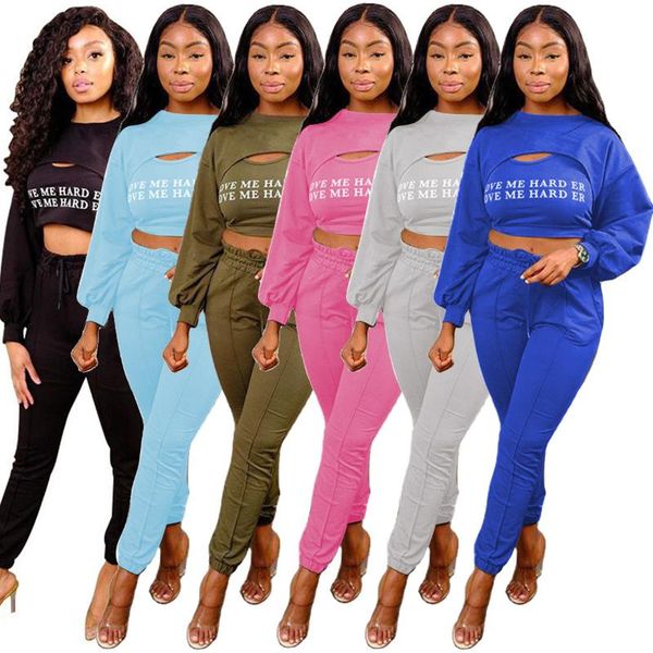 

women's tracksuits style women set casual letter print long sleeves crop full pants european and american three piece, Gray