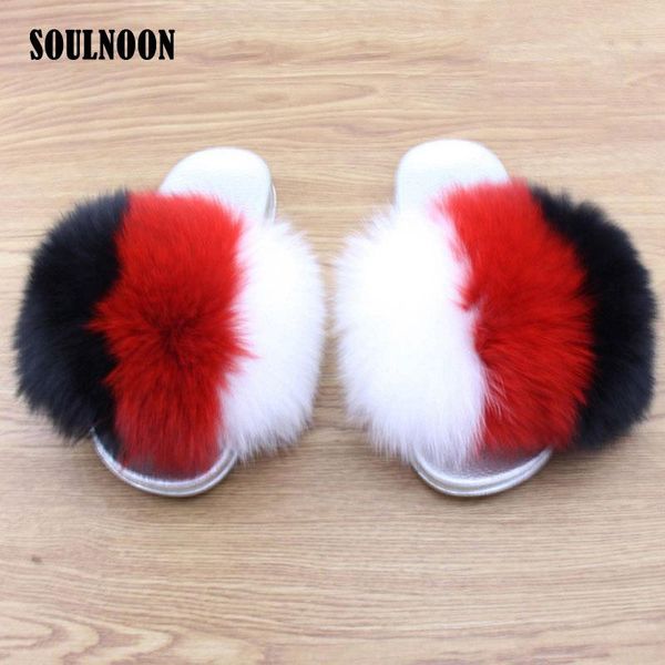 

slippers women's fluffy multicolor real fur slides female flat home summer furry sandals plush luxury party shoes, Black