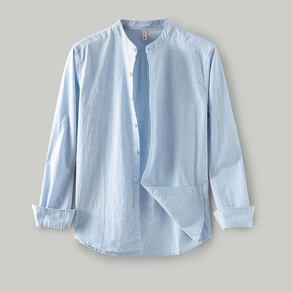 

men's casual shirts fall 2021 long-sleeved stand-up collar shirt solid color basic, White;black