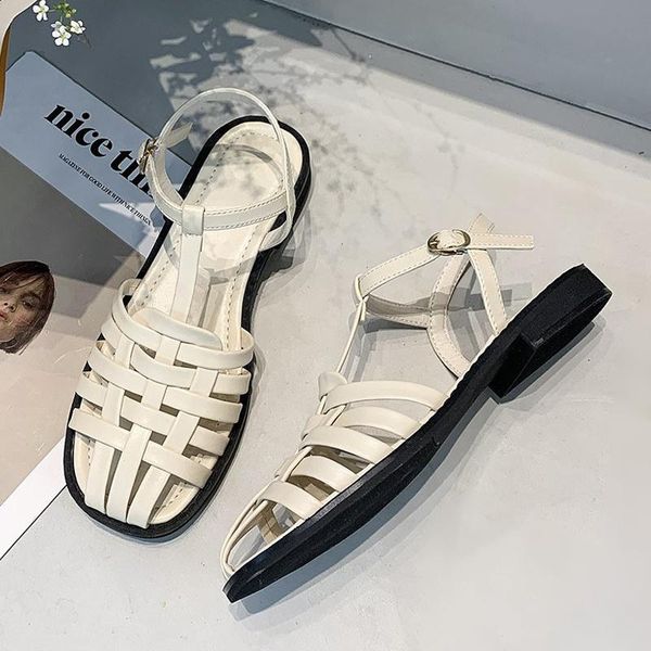 

sandals gladiator women leather woven roman flats cover toe buckle strap summer beach ladies casual shoes, Black