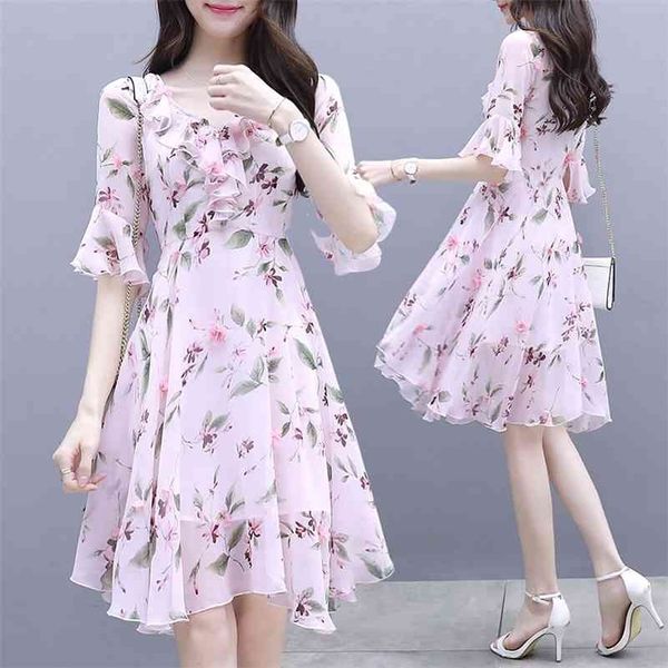 Verão Mulheres Coreanas Moda V-Pescoço Rosa Chiffon Vestido Floral Mulheres Escritório Senhora Poliéster Joelho-Comprimento 210416