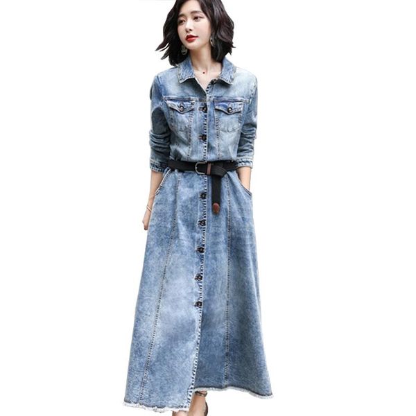 

casual dresses fashion spring autumn denim dress windbreaker women single-breasted x-long jeans belt slim elegant female, Black;gray