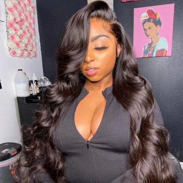 

lace wigs 30 inch body wave front wig 13x6 frontal human hair for black women brazilian pre-plucked hd loose deep, Black;brown