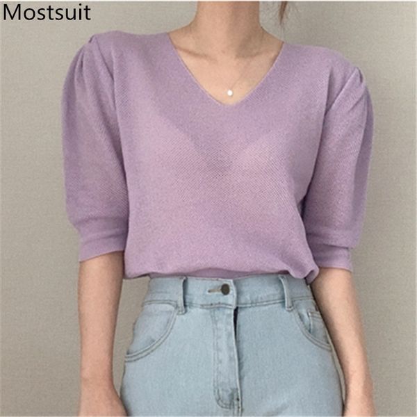 

korean v-neck solid knitted t-shirts women summer short sleeve loose fashion casual ladies tees tshirts femme 210518, White