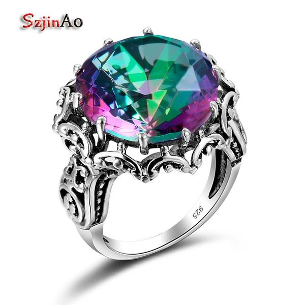 

cluster rings szjinao big rainbow z for women bohemia mystic wedding engagement jewelry petal shaped 925 sterling silver, Golden;silver