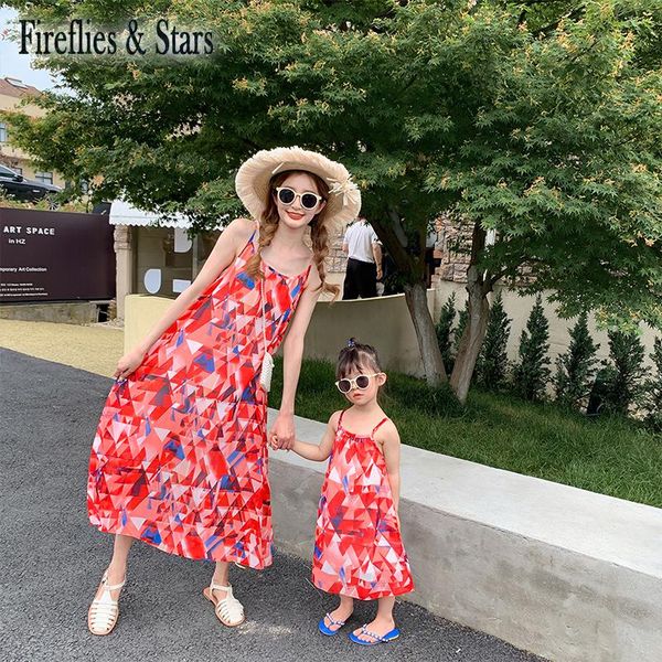 

family matching outfits summer mother daughter dress mummy girls vestidos geometric print strap 2 to 9 yrs, Blue