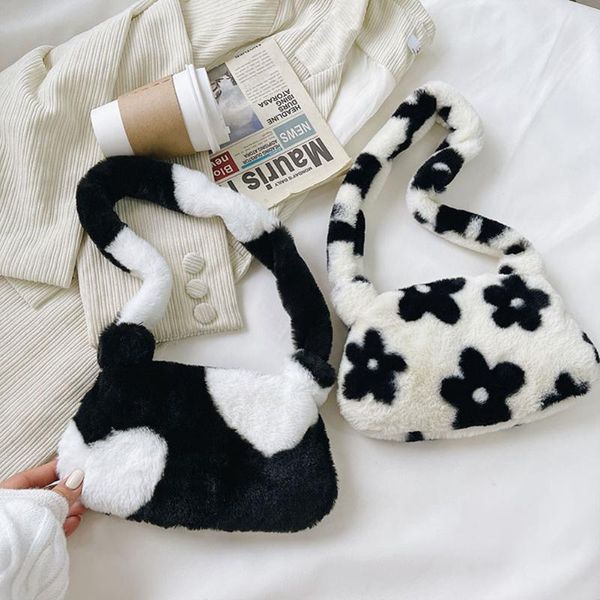 

evening bags flower print mini shoulder for women 2021 winter warm soft plush underarm leopard zebra cow fluffy tote