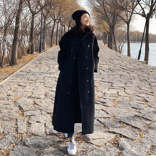 

women's wool & blends women autumn winter double breasted coat elegant long female vitnage loose solid blend jacket overcoat l1031, Black