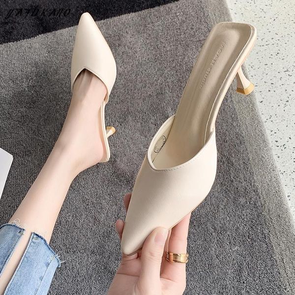 

slippers baotou half women outdoor summer pointed toe shallow mouth stiletto high heels slides casual mules shoes elegant beige, Black