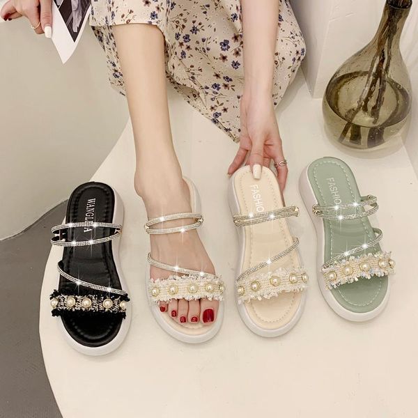 

slippers casual shoes woman 2021 pantofle glitter slides low string bead luxury jelly summer flat soft leisure rome rubber c, Black