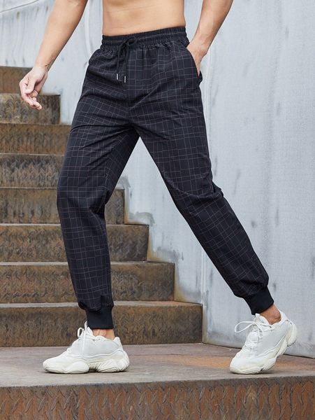 

men plaid drawstring waist pants c92c#, Black