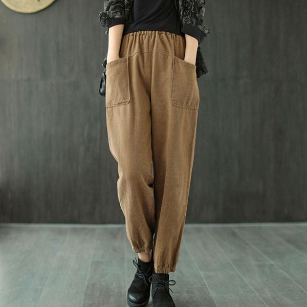 

women's pants & capris johnature solid color loose leisure pockets elastic waist harem 2021 autumn cotton comfortable full length women, Black;white