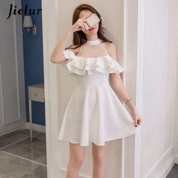 

2021jielur elegant lace off shoulder women dress summer korean hipster black white party slim ruffles a line dress vestidos, Black;gray