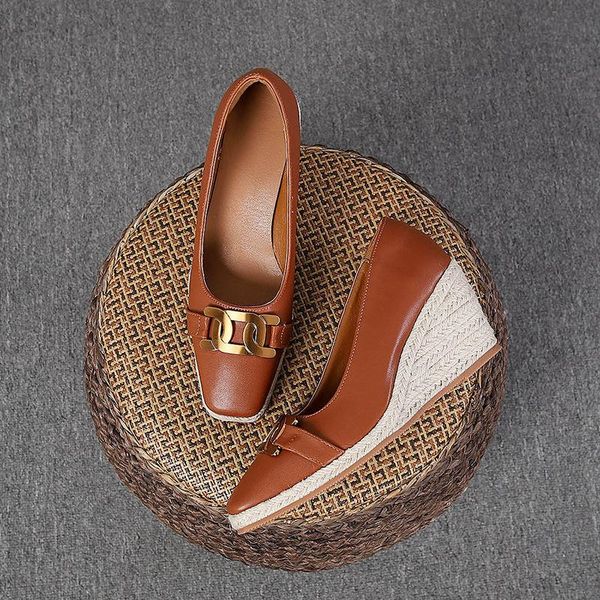 

sandals 2021 metal button artificial leather wedges shoes women's shallow mouth espadrilles spring autumn high heels, Black