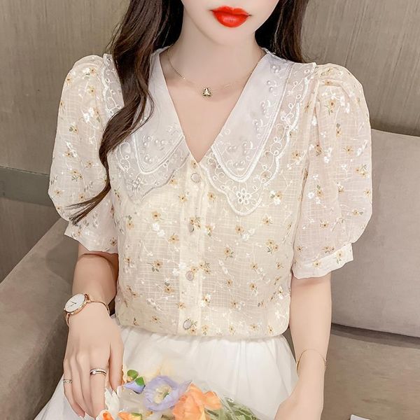 

women's blouses & shirts doll collar summer style 2021 korean fashion embroidered chiffon shirt lace temperament, White