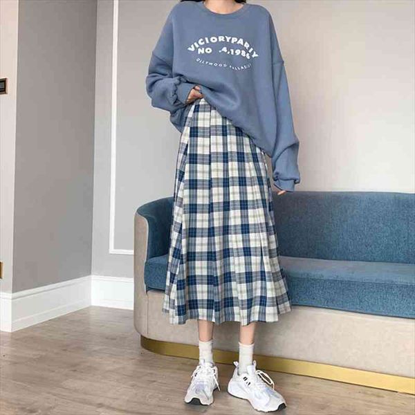 

spring students korean version of womens skirt plaid and summer wild slim loose medium long a line, Black