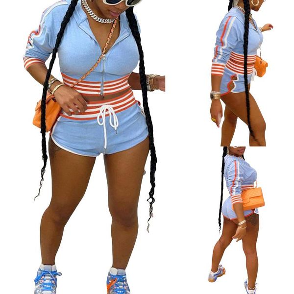 

women's tracksuits 2 pcs women summer sports outfits, adults color block striped half sleeve neck cardigan + cutout shorts with drawstr, Gray
