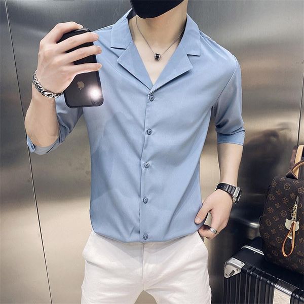 

men's casual shirts 2021 fashion men short sleeve slim fit shirt korean lapel streetwear social party nightclub chemise homme, White;black