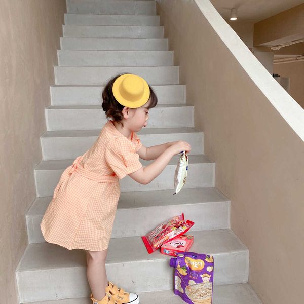 

summer cute casual belt summer dress for girls cotton dot short sleeve princess dresses kids clothes 210615, Red;yellow