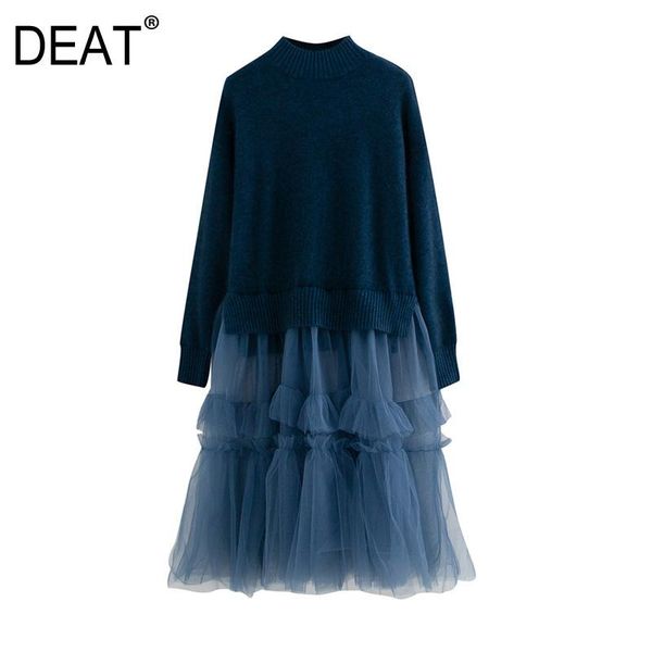 

casual dresses [deat] 2021 spring autumn round neck waist long sleeve splicing knitted net yarn a-line dress 13a571, Black;gray