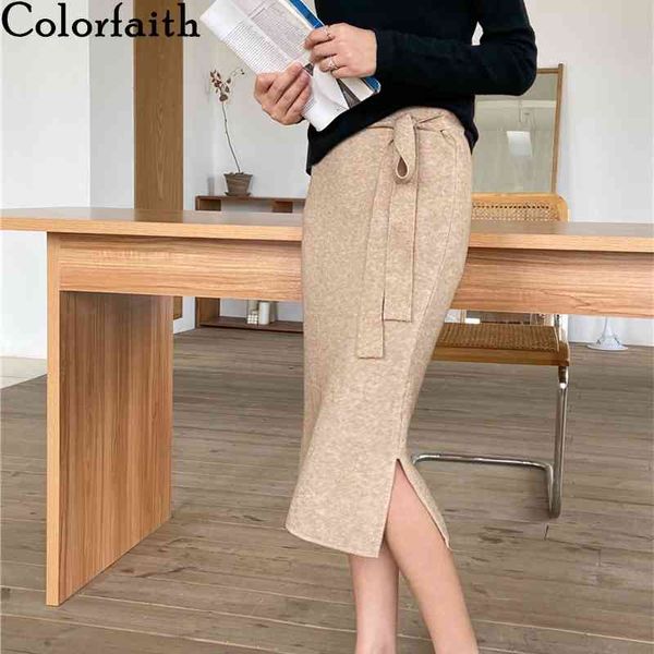 

colorfaith new autumn winter women skirts knitting package hip fashionable split vintage lace up elegant midi skirt sk1071 210413, Black