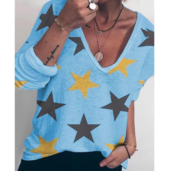 

summer european and american women's t shirt casual loose long-sleeve v-neck printed t-shirt om9033, White