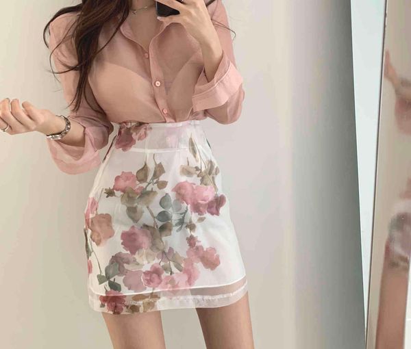 

two piece dress women summer 2 set transparent long sleeve pink chiffon shirt + high waist floral print a line skirts set, White