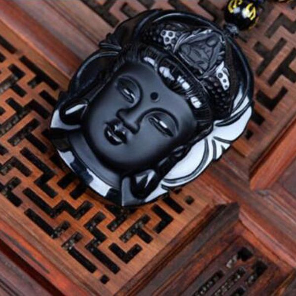 

natural stone obsidian guanyin buddha pendant necklace lucky amulet bead chain necklace for woman men, Black;brown