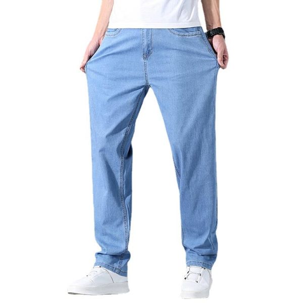 

men's jeans men loose light blue thin straight fashion ice silk cotton elastic comfortable denim pants male plus size 40 42 44