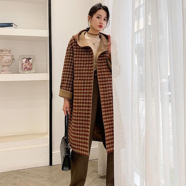 

women's wool & blends coat winter dress 2021 korean loose medium and long hooded nizi thickening versatile customization, Black