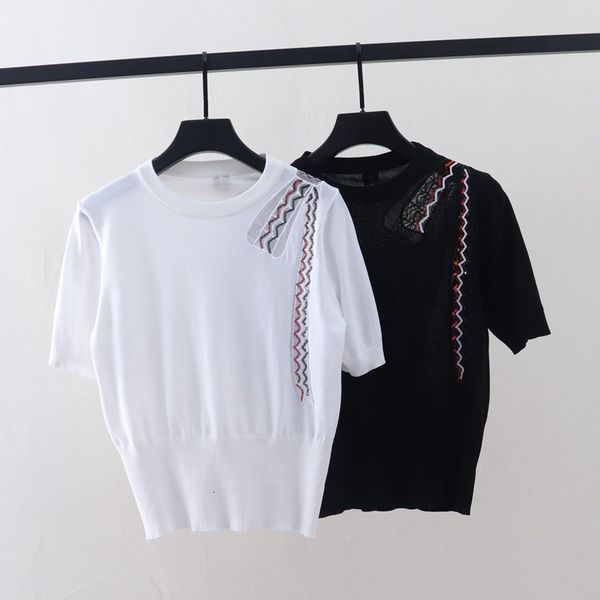 

t shirt 2021 summer tb hollow shoulder bow sequin embroidered ice silk round neck slim short sleeve top, White