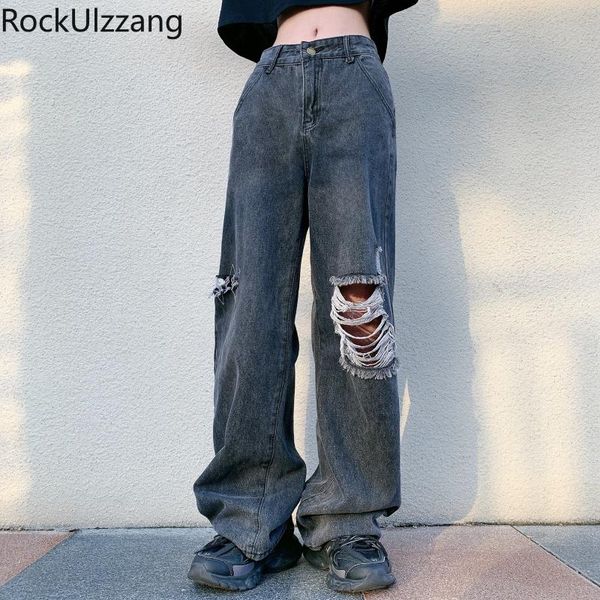 

women's jeans plus size ripped hole high waist loose straight leg fashion denim pant mom women long trouser boyfriend streetwear baggy, Blue