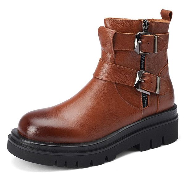 

boots ankle spring autumn elegant fashion thick bottom brown black round toe genuine leather modern shoewedges a13