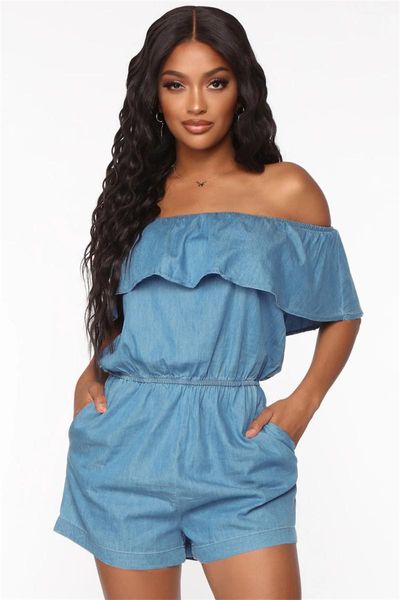 

women's jumpsuits & rompers strapless off shoulder ruffles playsuit jumpsuit 2021 sleeveless women denim look summer high waist shorts, Black;white