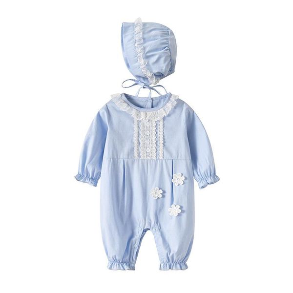 

jumpsuits autumn baby rompers+hat 2pcs/set flowers embroidery born girls clothes set toddler infant jumpsuit with hat 0-2y, Blue