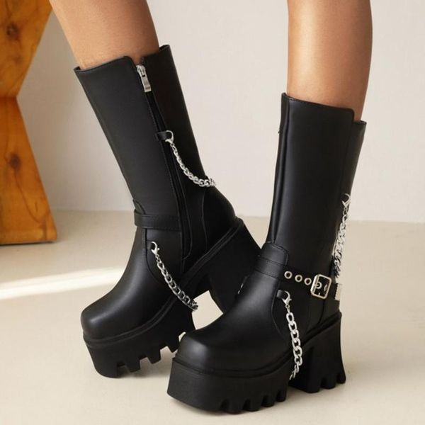

boots buckle chain strap platform women big size thick sole shoes black short knee high zipper