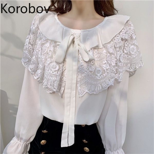 

korobov summer elegant lace patchwork women blouses vintage korean long sleeve o neck shirts female new chic blusas mujer 210430, White