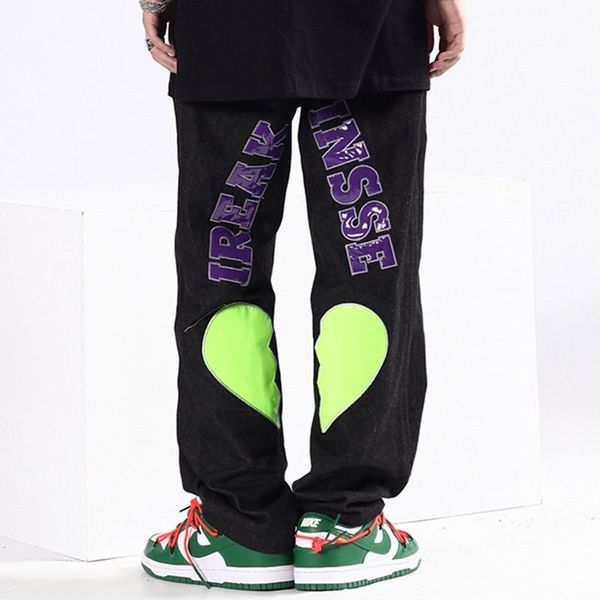 

men's jeans high street straight leg casual 2021 loose patch love embroidered reflective couple style mens, Blue