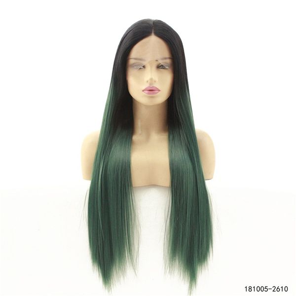 Parrucca anteriore in pizzo sintetico lungo 12 ~ 26 pollici Parrucca diritta serica verde scuro T Simulazione colore capelli umani 181005-2610