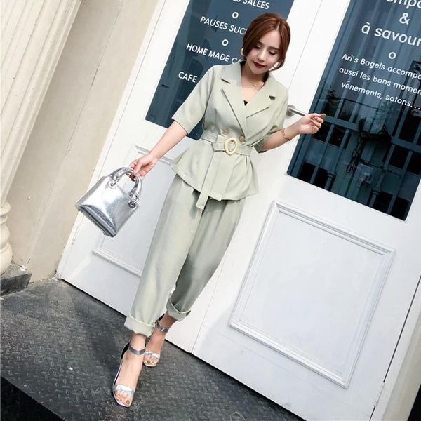 

women's suits & blazers green thin blazer pant short sleeve sash notched jacket and high waisted pants 2 pieces suit women casual outfi, White;black