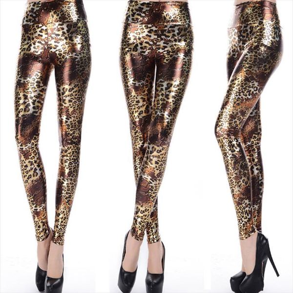 

pencil pants shiny golden leopard women legging pattern nine point high waist imitation leather feet pu fashion leggings, Black