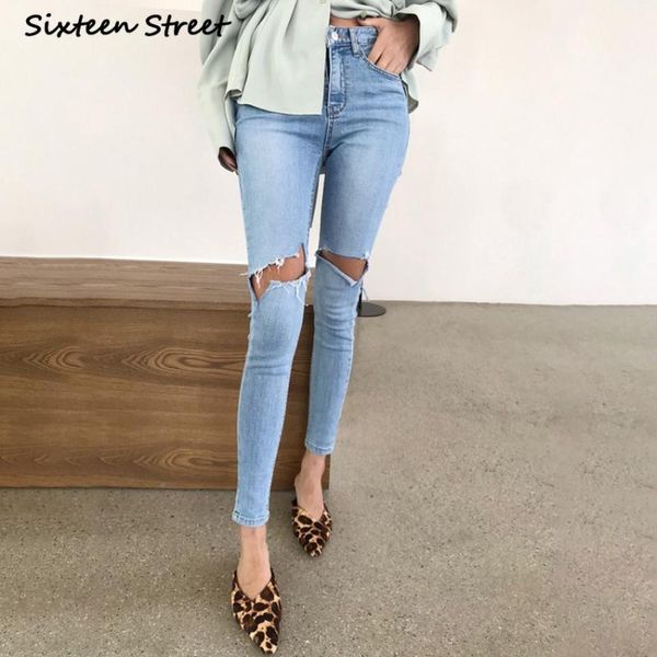 

fashion chic women pencil denim jeans high waist skinny ripped holes female pants 2021 spring streetwear y2k aesthetic women's, Blue