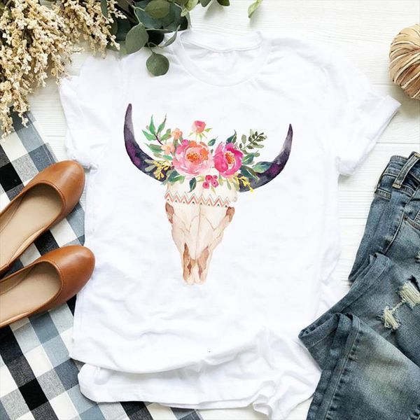 

men lady floral skull t shirt heifer cow vintage fashion print ladies tee mens female clothes graphic, White;black