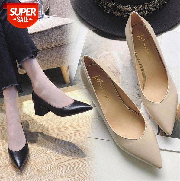 

nude high heels girls thick pointed soft leather four single shoes #mj0h, Black