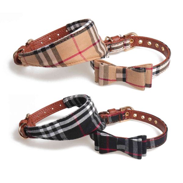 Fliege Krawattenhundkragen und Leinen Set Classic Plaid Charme Verstellbares weiches Leder -Hunde Bandana und Kragen für Welpenkatzen 3 PCs B32