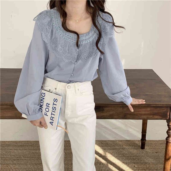 

women's blouses & shirts spring basic solid sweet o-neck 2021lace stylish french women femme loose lady vintage full sleeves 2ej8, White