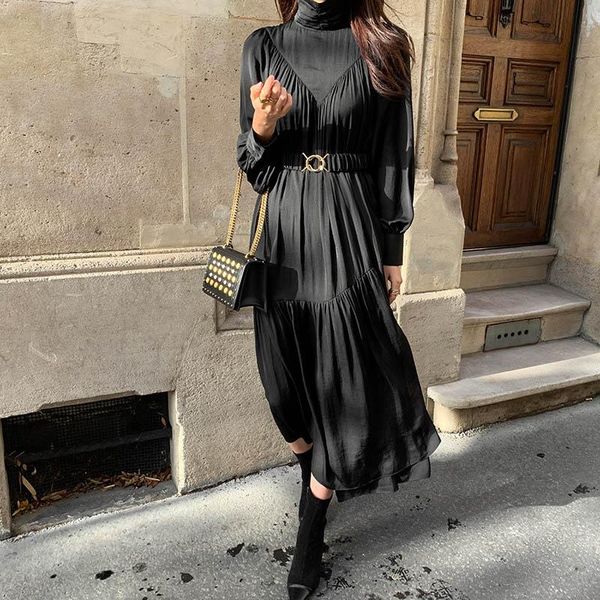 

casual dresses one-piece elegant turtleneck dress women autumn winter korean long sleeve pleated female loose ruffles a-line party, Black;gray